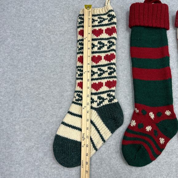 VTG Wool Knit Set of 4 Christmas Stockings Green Red White Fair Isle Cabincore - Picture 10 of 16